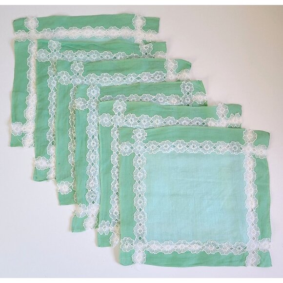 Other - Vintage Green Linen Napkins Doilies White Floral Lace Embroidery Set Of 6